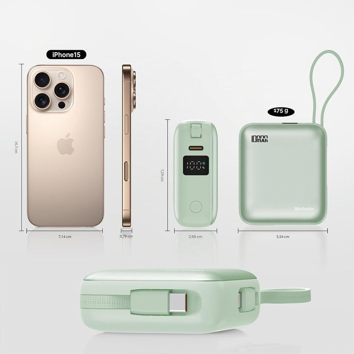 Hichain Power Bank Klein, 10000mAh 22,5W Powerbank USB C Schnellladen mit Integriertem USB-C Kabel,