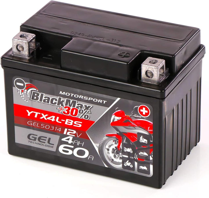 BlackMax CTX4L-BS Motorradbatterie YTX4L-BS GEL 12V 4Ah Roller Batterie 50314 4Ah - 65A, 4Ah - 65A