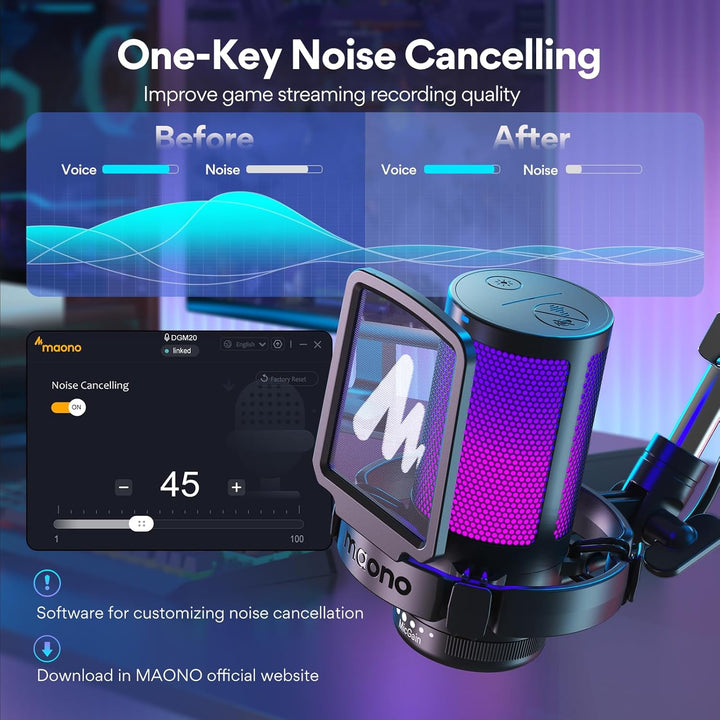 MAONO Gaming USB Mikrofon, Noise Cancellation Kondensator Mic mit Mute, Gain, Monitoring, Galgenarm,