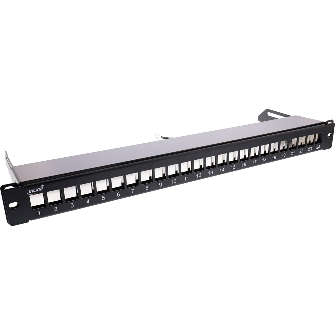 InLine® Patchfeld 24-Fach, Keystone Leerblech Patchpanel mit Auszug, 19", 1HE, schwarz RAL9005