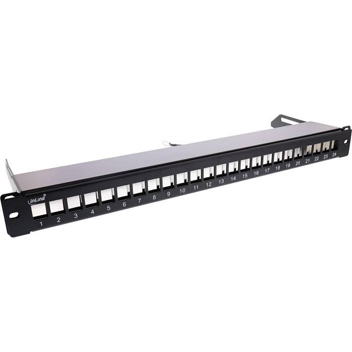 InLine® Patchfeld 24-Fach, Keystone Leerblech Patchpanel mit Auszug, 19", 1HE, schwarz RAL9005