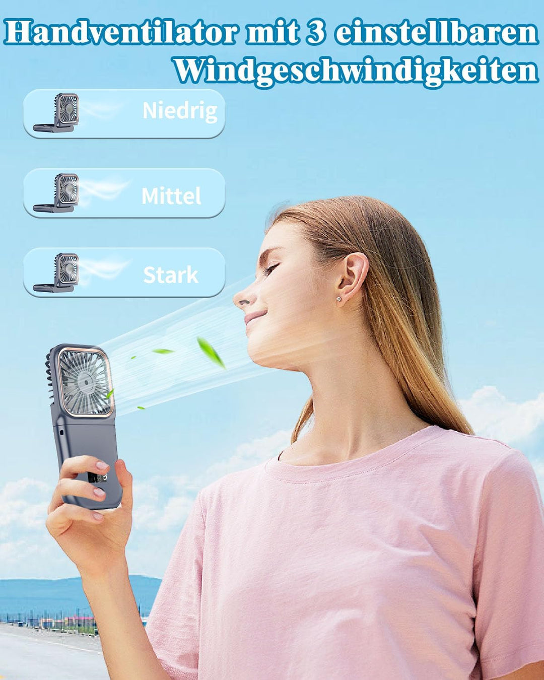 DDKJ Handventilator, Tragbarer Mini Ventilator Hand, 3 Geschwindigkeiten Portable Fan Klein (180°sch