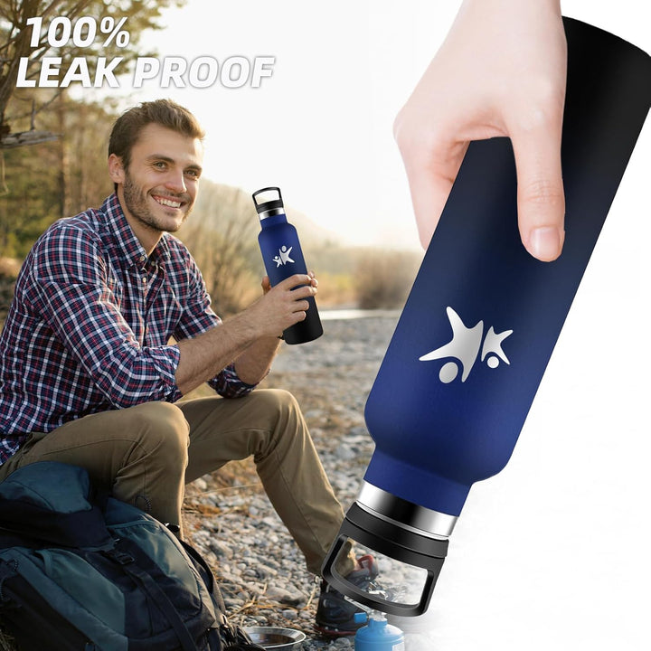 Edelstahl Trinkflasche, Sport Trinkflasche 1 liter, Thermosflasche Mit 2 Deckeln, Doppelwandige Vaku