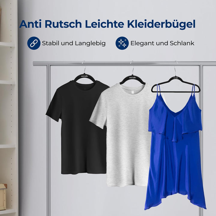 SereneLife 100 Kleiderbügel Schwarz &amp; Rutschfest– Kleiderbügel Samt &amp; Platzsparend mit drehbarem Hak