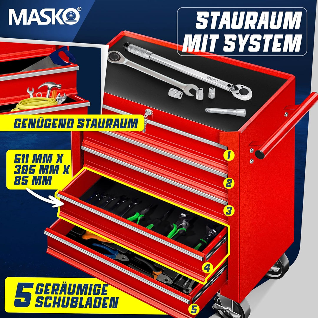MASKO® Werkstattwagen - 5 Schubladen, Abschliessbar | Massives Metall | Mobiler Werkzeug-Wagen ohne
