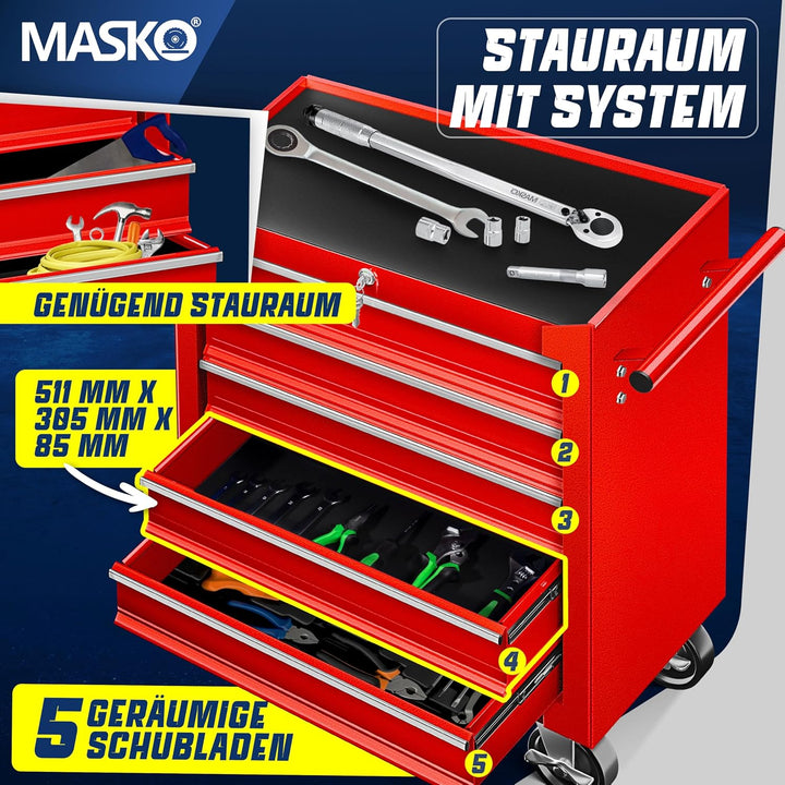 MASKO® Werkstattwagen - 5 Schubladen, Abschliessbar | Massives Metall | Mobiler Werkzeug-Wagen ohne