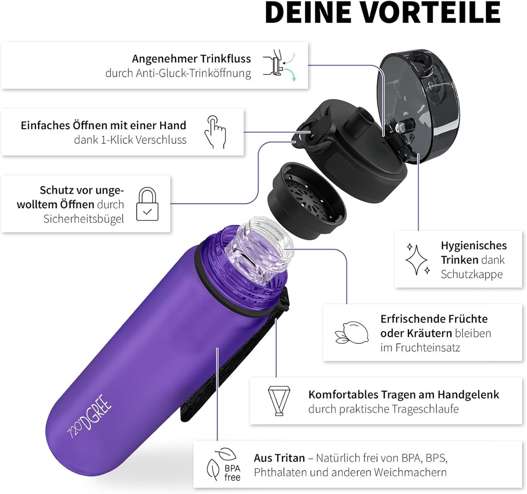 720°DGREE Trinkflasche “uberBottle“ 350ml, 500ml, 650ml, 1l softTouch +Früchtebehälter - Auslaufsich