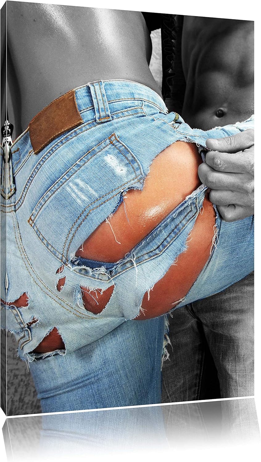 Pixxprint Frau in aufgerissener Jeans als Leinwandbild/Grösse: 100x70 cm/Wandbild/Kunstdruck/fertig