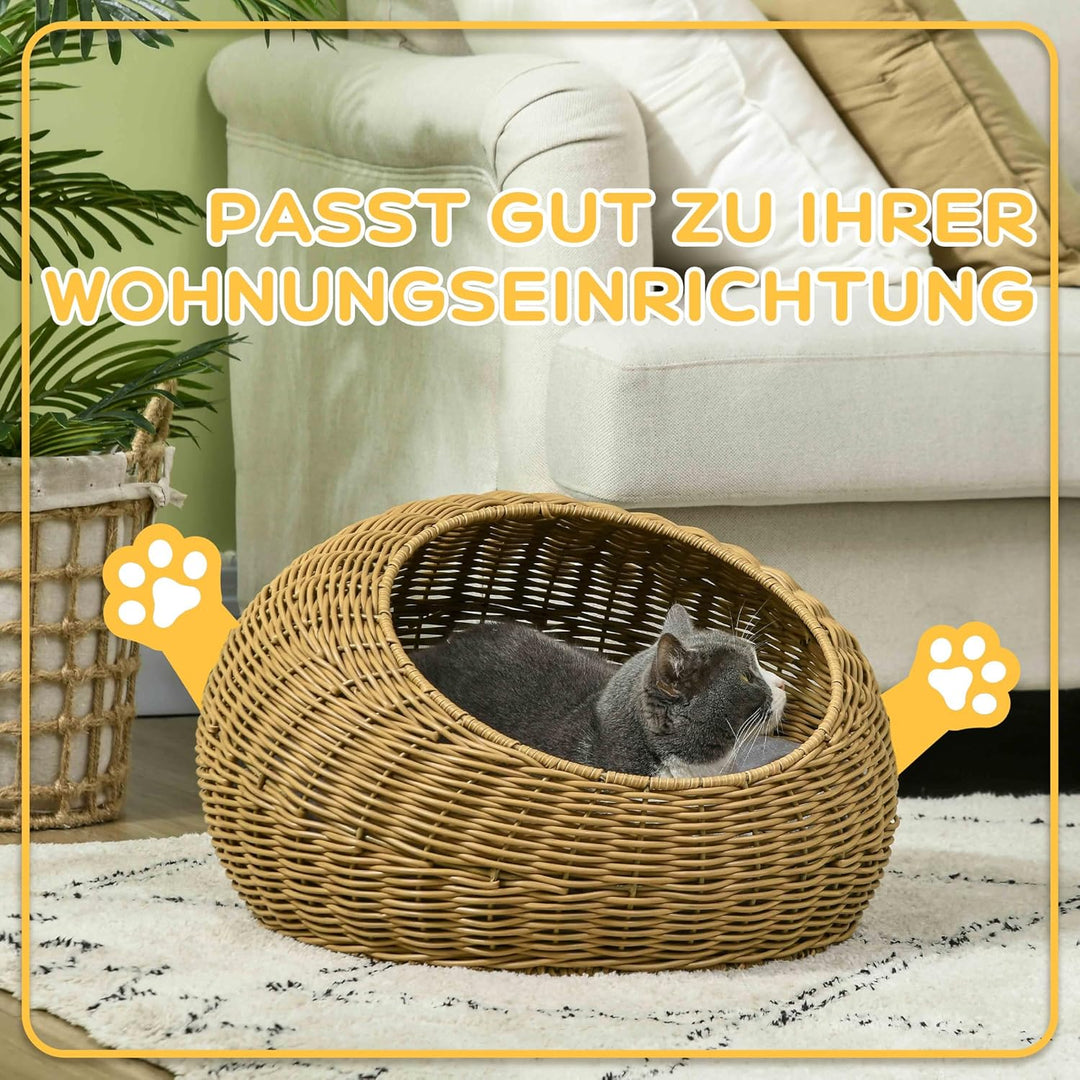PawHut Rattan Katzenkorb Katzenhaus Katzenhütte mit Kissen für Katzen bis 4 kg, Haustierbett Katzenh
