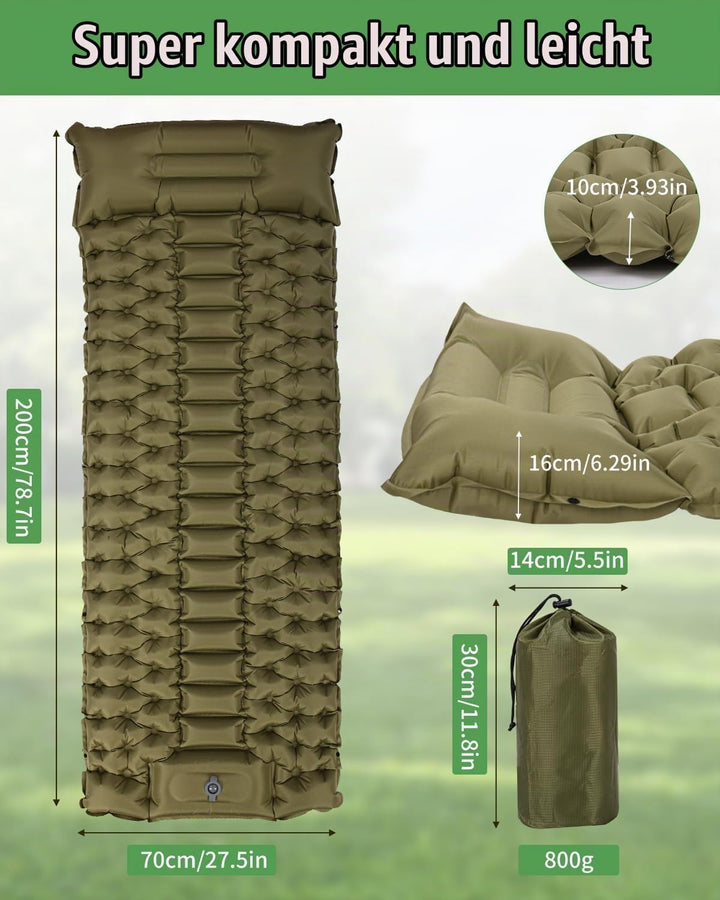 Isomatte Selbstaufblasend, 10cm Dicke Luftmatratze Camping mit Fusspressepumpe und Kissen, Anti-Rips