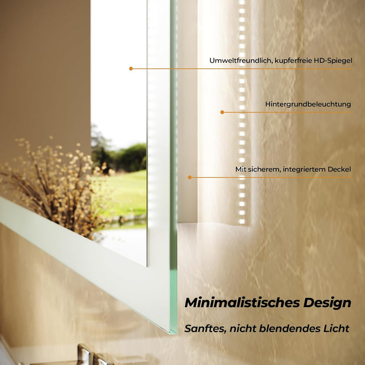 Spiegel mit Beleuchtung, 100x60x3.5cm, Badspiegel mit beleuchtung 6400K, Badezimmer LED-Spiegel, Ene