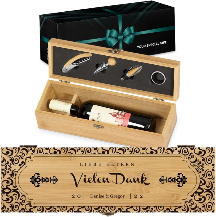 Maverton Weinbox für 0,7L Weinflasche - Wein Holzbox personalisiert + 4er Weinzubehör - Weinset Wein