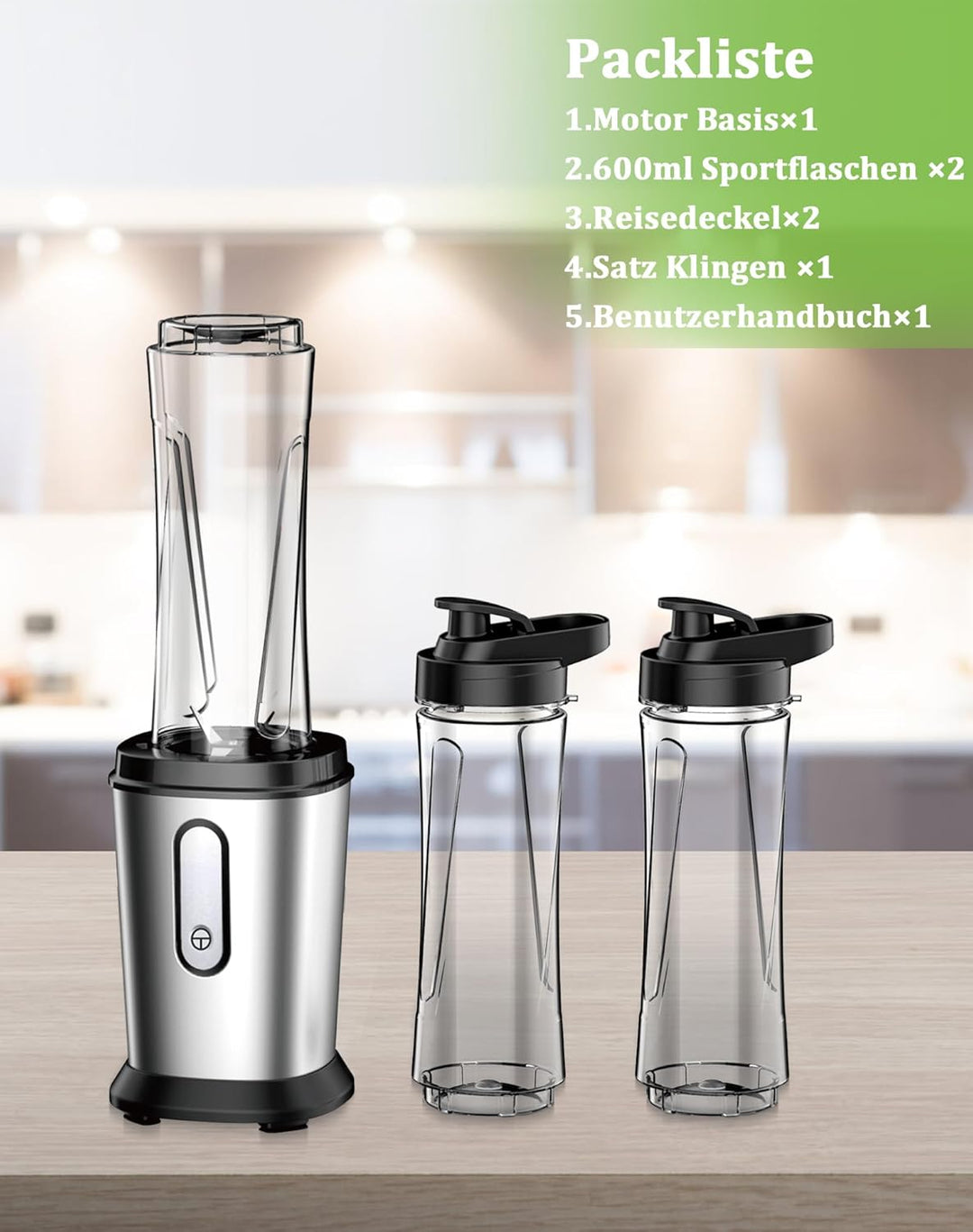 Mixer, Smoothie Maker, 500W Standmixer Mini Mixer Smoothie Maker mit 2x600ml Smoothie Flaschen BPA f