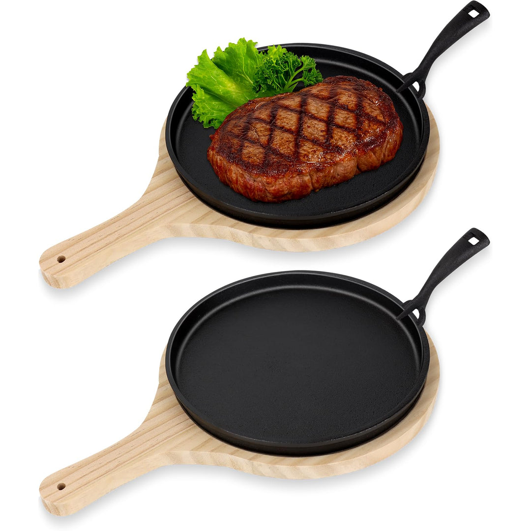 2er Set Gusseisen Pfannen Set Gusseisens Fajita Pfanne mit Holzuntersetzer Anti Verbrüh Schutz Runde
