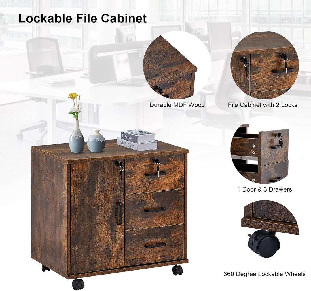 ZBAOLTO Rollcontainer Aktenschrank aus Holz, Abschliessbar Büroschrank mit 3 Schubladen und Tür, Ver