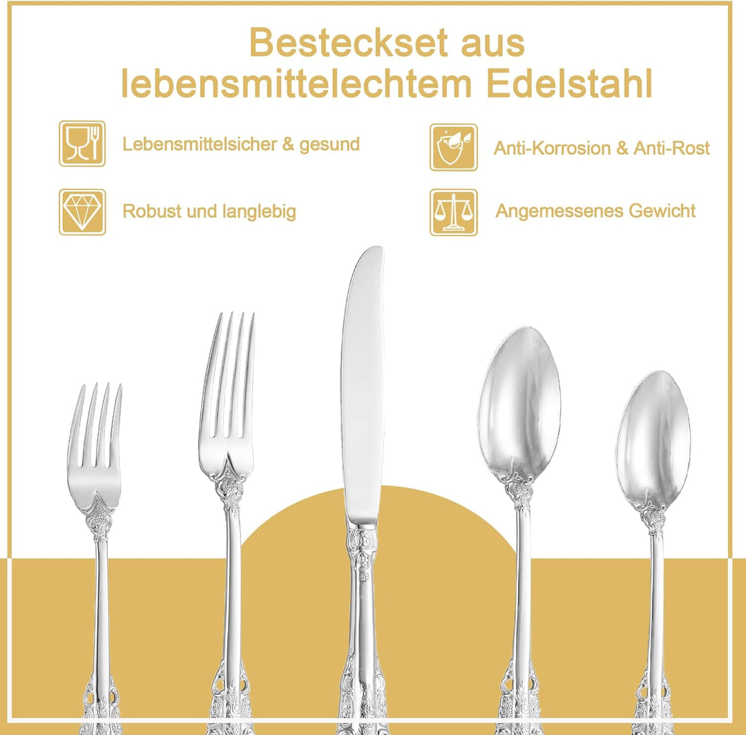 Prächtiges Barock Silber 18/10 Edelstahl Besteck-Set mit 20 Teilen, rostfreies Edelstahl Besteck ink