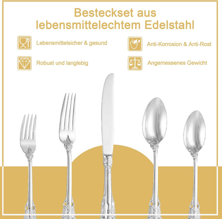 Prächtiges Barock Silber 18/10 Edelstahl Besteck-Set mit 20 Teilen, rostfreies Edelstahl Besteck ink
