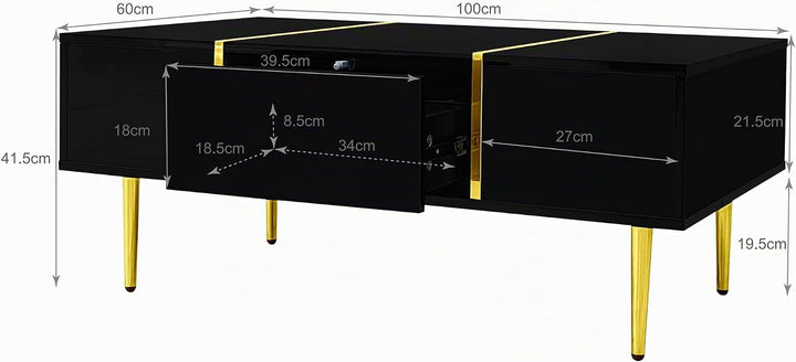 BTM Moderner Couchtisch in Schwarz mit Hochglanz und 2 Schubladen, 100 cm (L) x 60 cm (B) x 41,5 cm