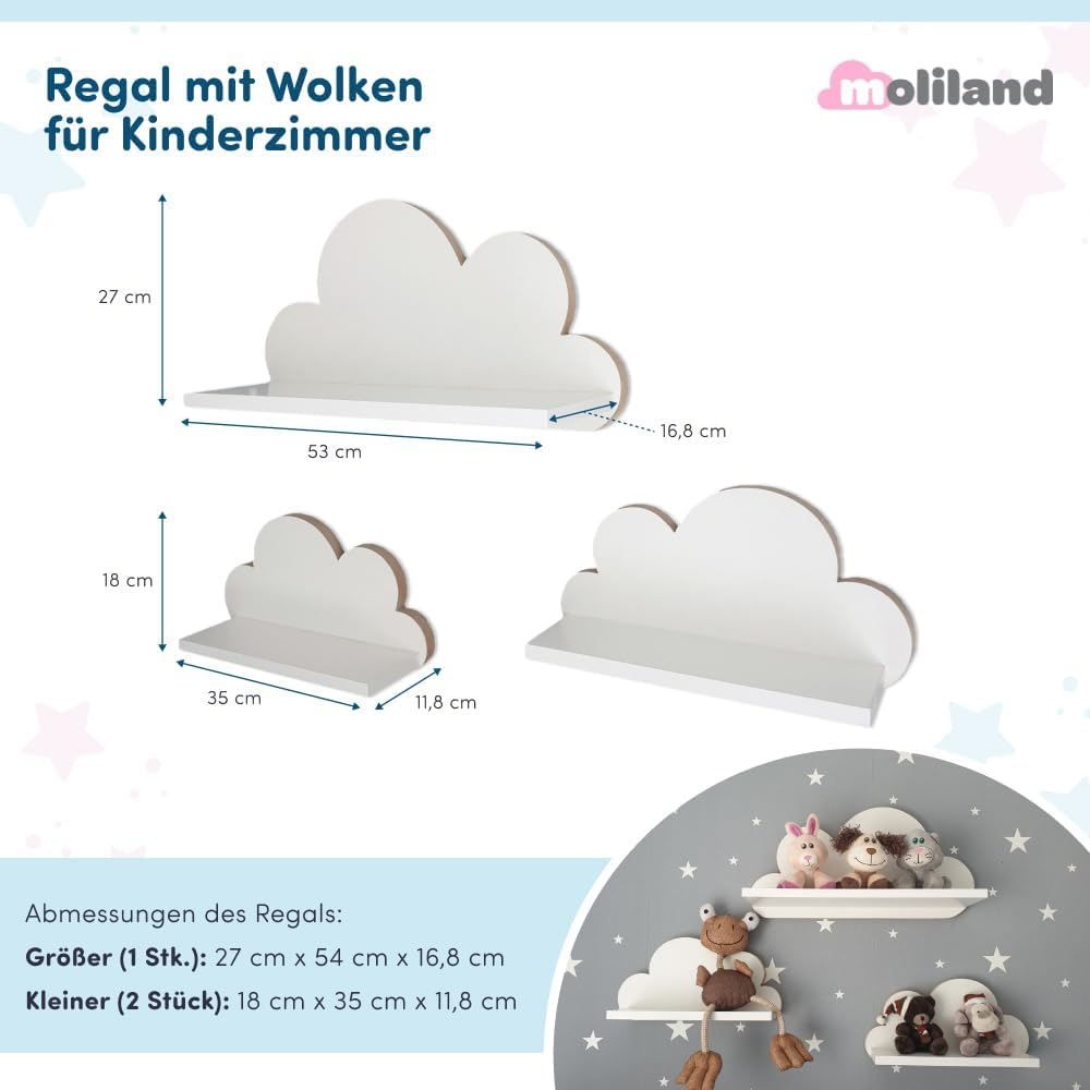 3er Set Wandregal Kinderzimmer Weiss | Babyzimmer Wolkenregal für Bücher, Spielzeug, Dekoration | Re