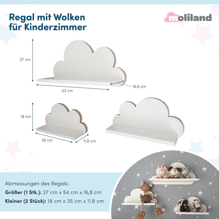 3er Set Wandregal Kinderzimmer Weiss | Babyzimmer Wolkenregal für Bücher, Spielzeug, Dekoration | Re