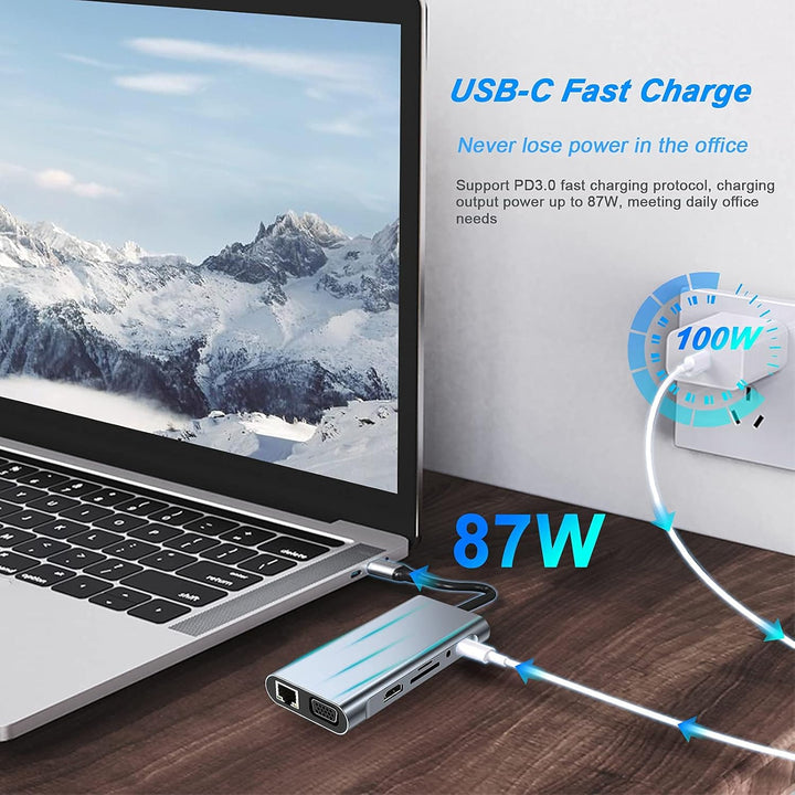 USB C HUB, Docking Station, 11-in-1 USB C Adapter mit 4K-HDMI, VGA, USB 3.0 Port, Type C PD, Etherne