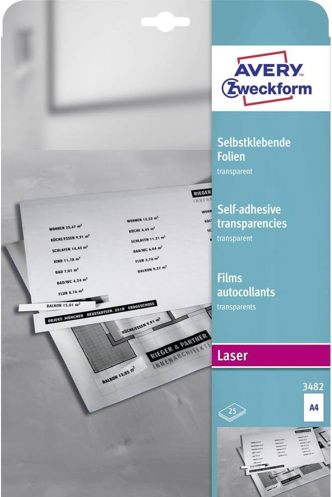AVERY Zweckform 3482 Transparente Folien für Laserdrucker und Kopierer (25 selbstklebende Folien, A4