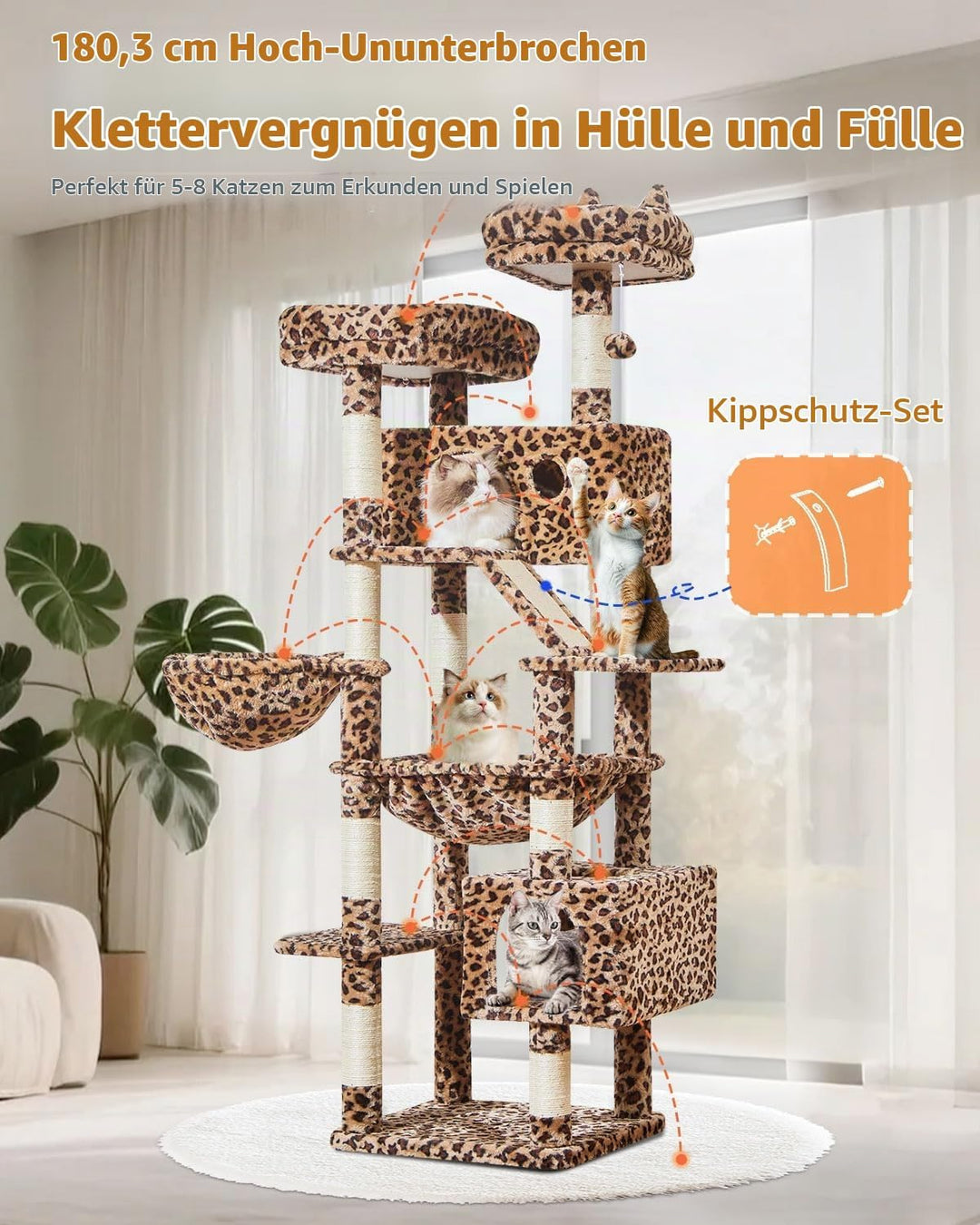 Taoqimiao 180CM Kratzbaum Gross, Katzenbaum Katzen Kratzbaum Grosse Katzen Stabil mit 2 Katzenhaus,