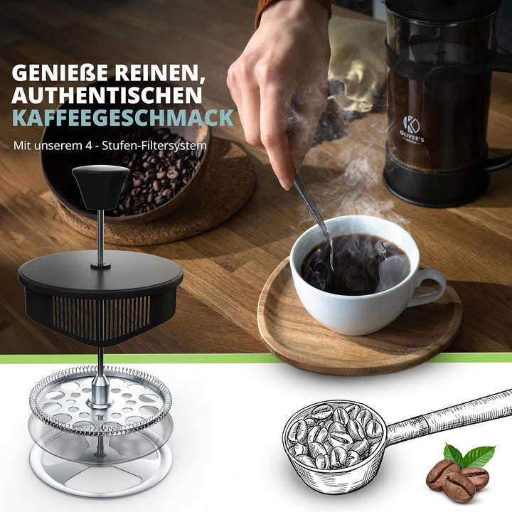 Oliver's Kitchen® French Press 1 liter - Eleganter Kaffeebereiter aus Glas - Kaffee Maschine für aut