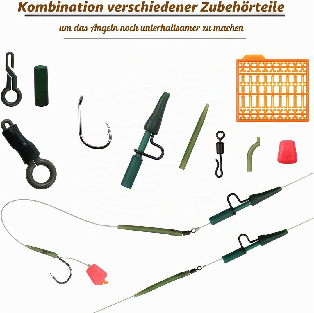 Karpfen Angelzubehör Set, 225stk Karpfen Tackle Kit inkl. Karpfenhaken, Anti-Verhedderungshülsen, An