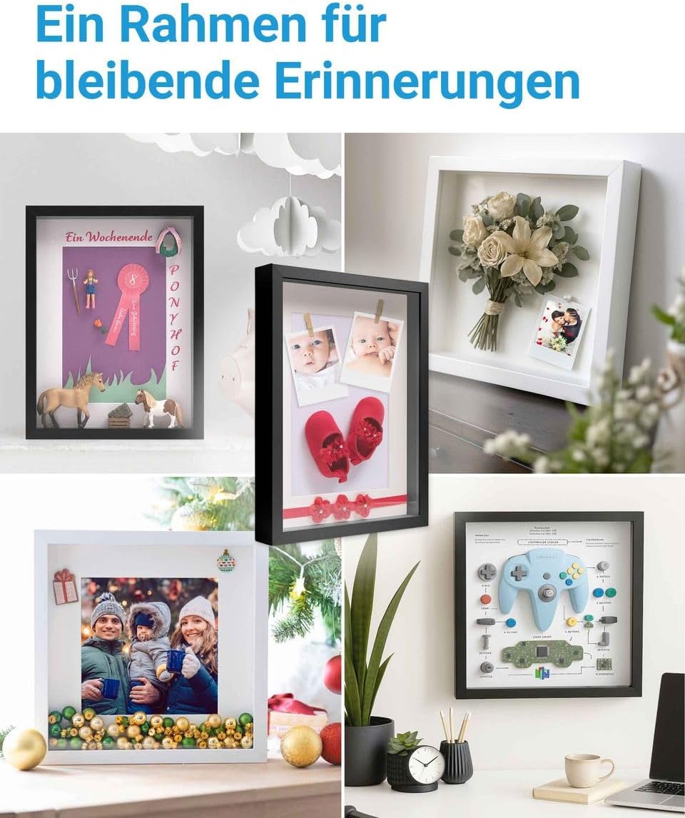 3D-Bilderrahmen zum Befüllen A4 21x30 cm, Schwarz, Bilderrahmen extra tief mit Passepartout, 2er Set
