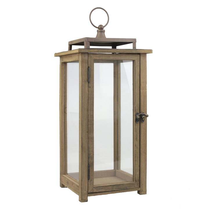 Stonebriar 18 Inch Rustic Wooden Hurricane Candle Lantern with Handle, Metal, Brown, 17.5", 17.5"