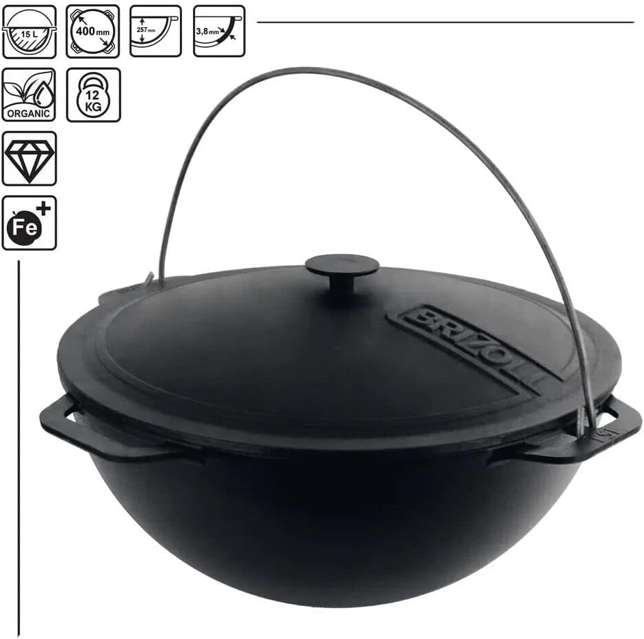 4BIG.fun Gusseisen Kazan 15 L Schwenktopf Kasan mit Deckel aus Gusseisen Wokpfanne Grill Cast Iron C