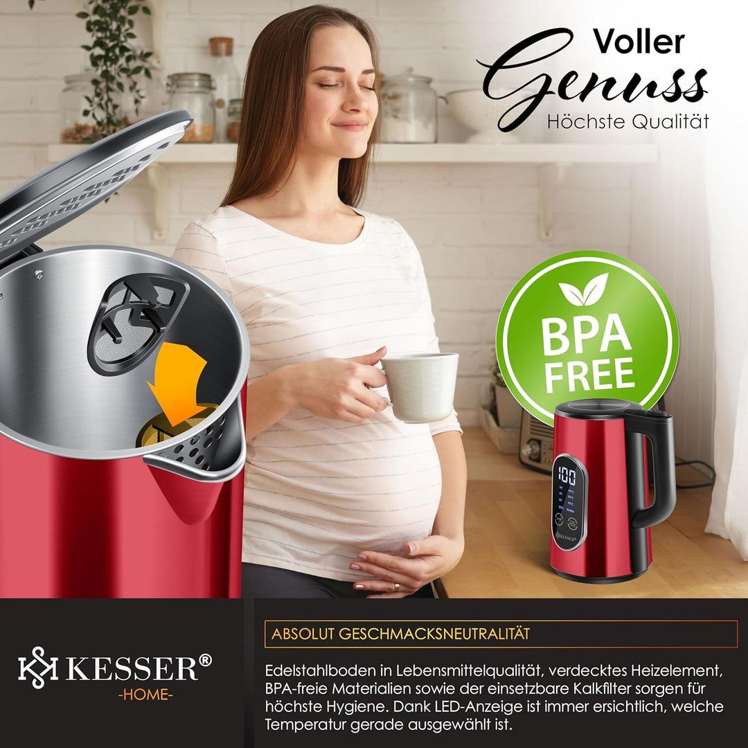 KESSER® Wasserkocher Edelstahl 1.5 Liter | LED-Anzeige | 4-Modi Temperatureinstellung 40°C-100°C | 3