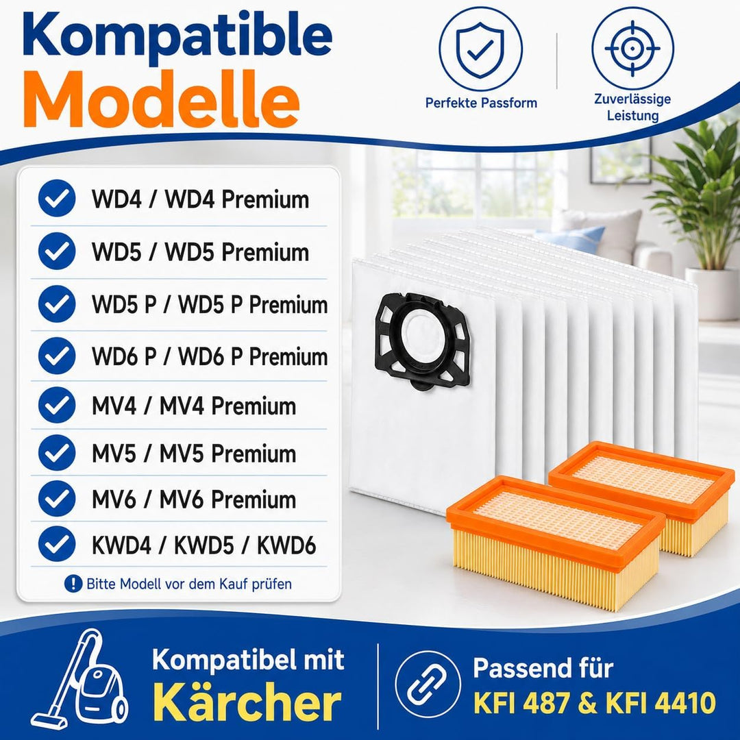 10 Stück Staubsaugerbeutel + 2 Stück Filter Ersatzset Kompatibel mit Kärcher WD4 WD5 WD6 WD5P WD6P M
