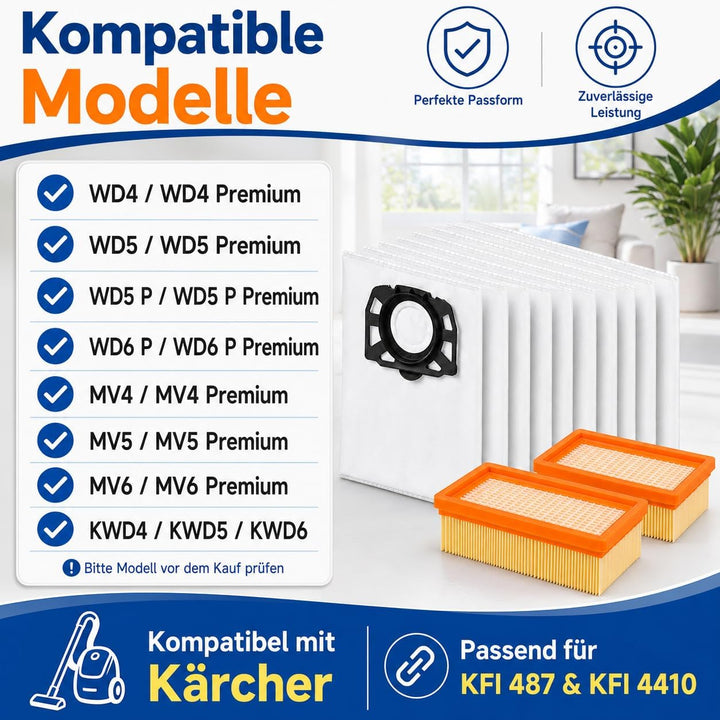 10 Stück Staubsaugerbeutel + 2 Stück Filter Ersatzset Kompatibel mit Kärcher WD4 WD5 WD6 WD5P WD6P M