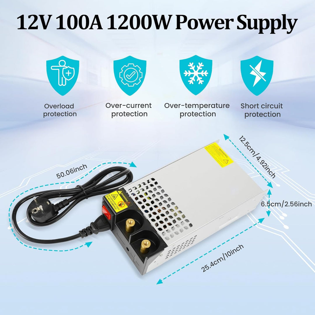 NUOFUWEI DC 12V 100A 1200W Netzteil Transformator Schalternetzteil 230V AC auf DC Netzteil 12Volt 10