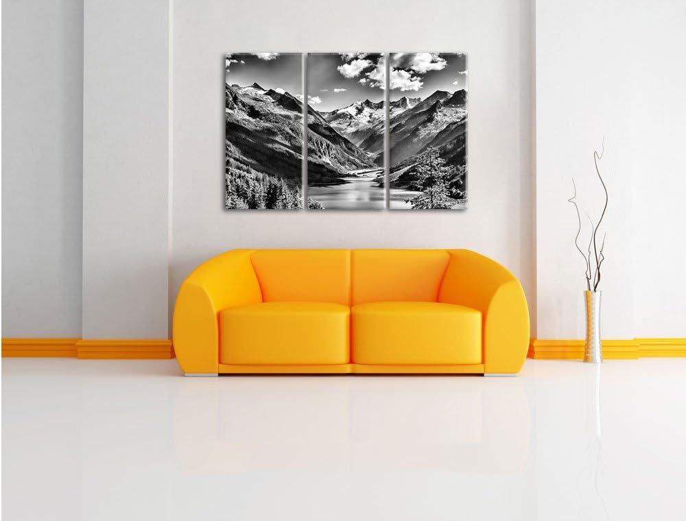 Pixxprint Monocrome, See an Bergen 3-Teiler Leinwandbild 120x80 Bild auf Leinwand