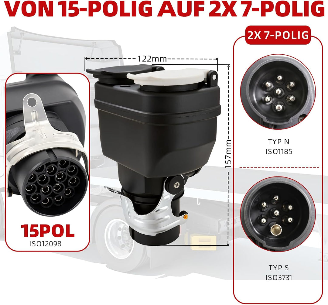 LKW Kurzadapter 24V – 15-p olig Steckdose auf 2X 7-polig Stecker Verteiler für Anhänger (15pol auf 2