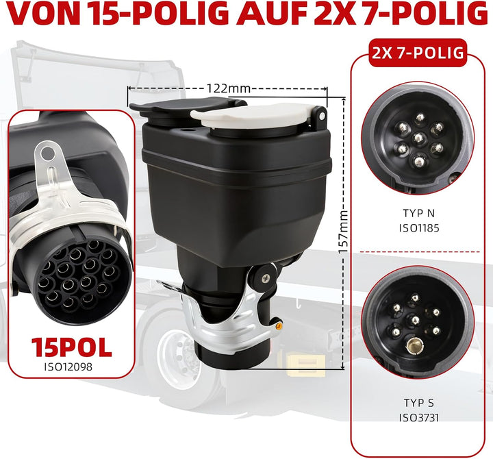 LKW Kurzadapter 24V – 15-p olig Steckdose auf 2X 7-polig Stecker Verteiler für Anhänger (15pol auf 2