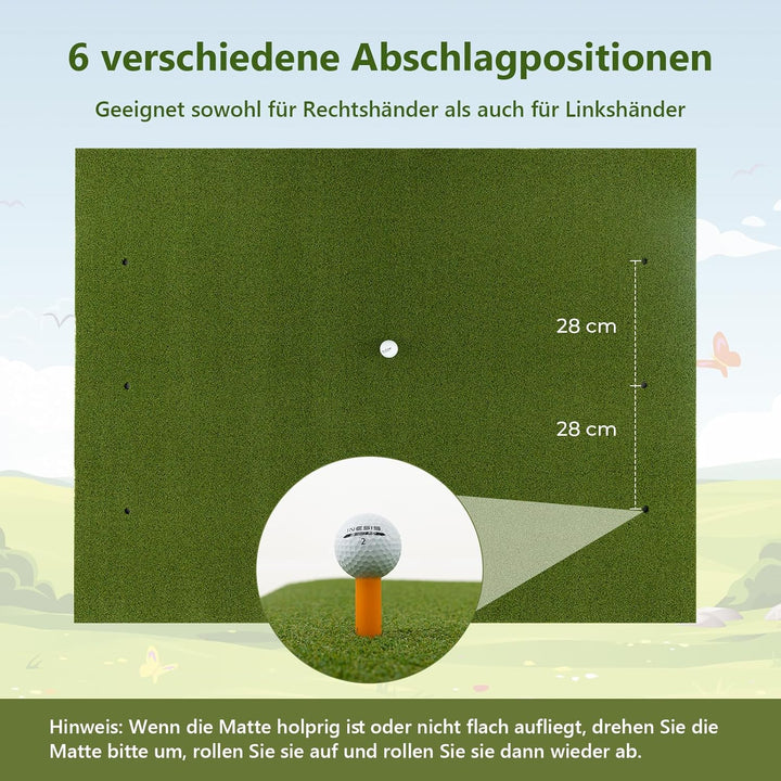 GYMAX Golf Abschlagmatte, Golf Übungsmatte mit 2 Gummi-Tees, 2 Ausrichtungsstäben & 6 Abschlagpositi