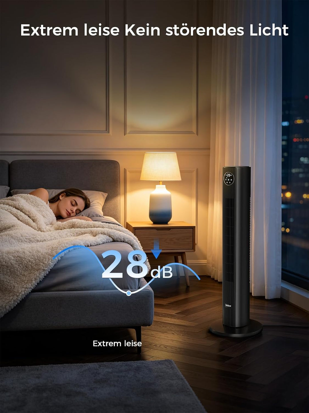 YASHE Turmventilator mit Fernbedienung, leiser Standventilator mit 28 dB, 3 Geschwindigkeiten, 4 Mod