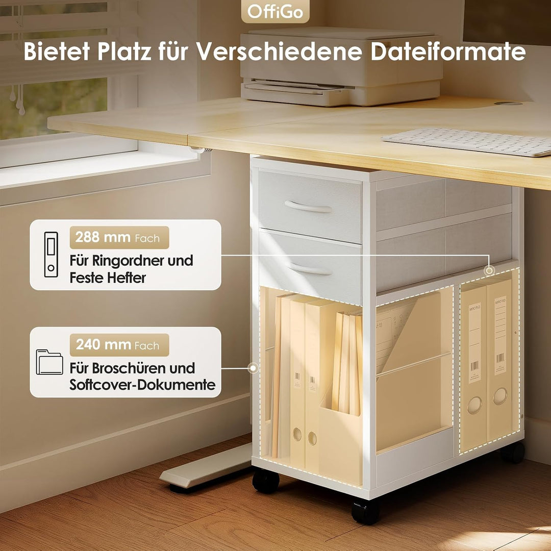 OffiGo Rollcontainer Schreibtisch mit Rollen und 2 Schubladen，Weiss | Rollcontainer mit Wechselbarem