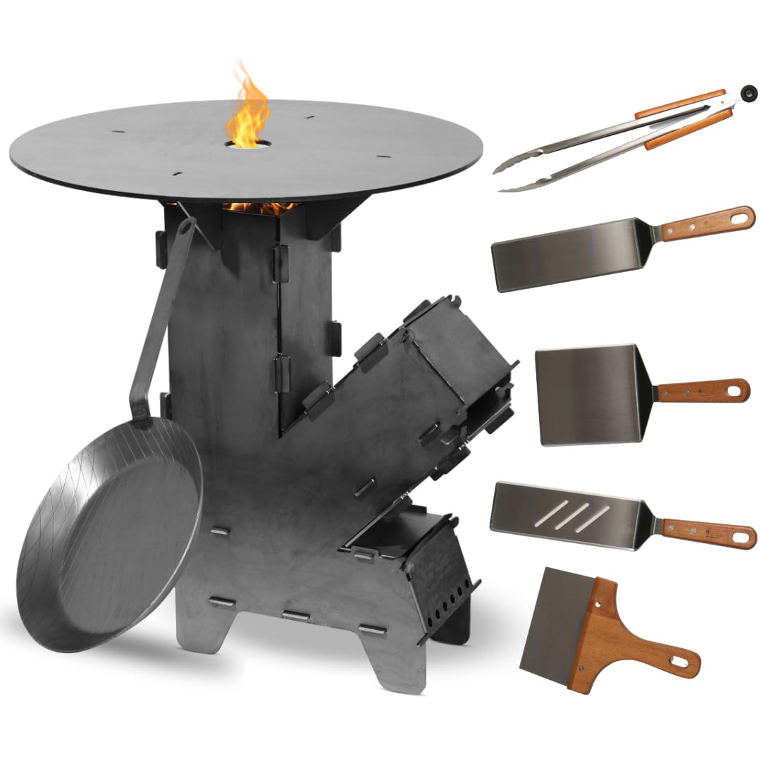 Czaja Raketenofen Set mit 5 mm starker Feuerplatte, Eisen Bratpfanne und 5-tlg Grillbesteck | Rocket