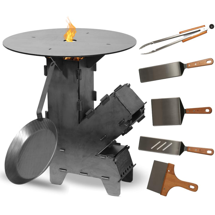 Czaja Raketenofen Set mit 5 mm starker Feuerplatte, Eisen Bratpfanne und 5-tlg Grillbesteck | Rocket