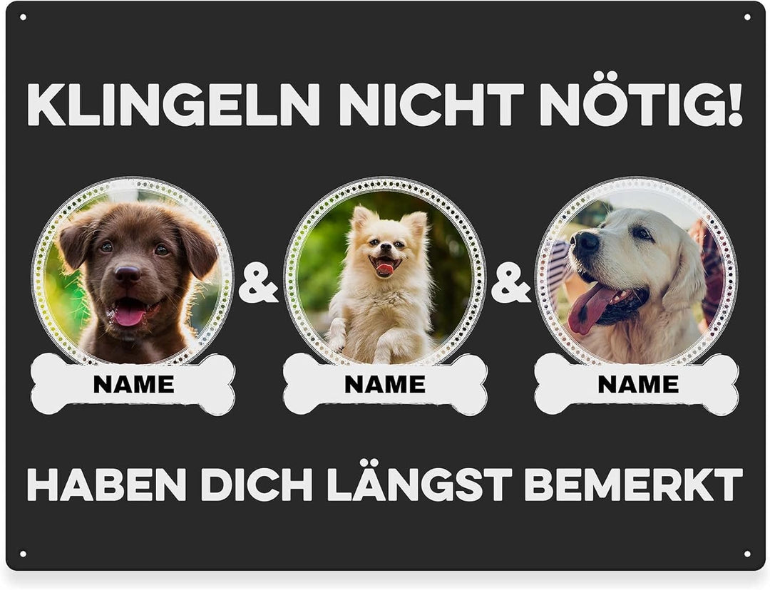 Hunde Schild personalisiert - Klingeln nicht nötig - Metallschild mit Foto und Name für aussen, wett