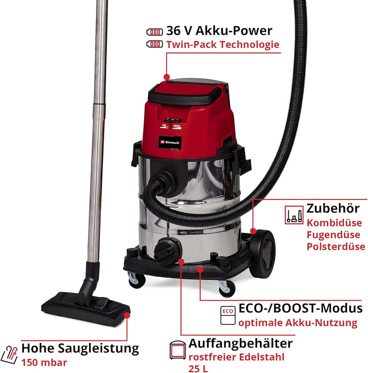Einhell Akku-Nass-Trockensauger TE-VC 36/25 Li S-Solo Power X-Change (Li-Ion, 36 V, ECO/BOOST-Mode,
