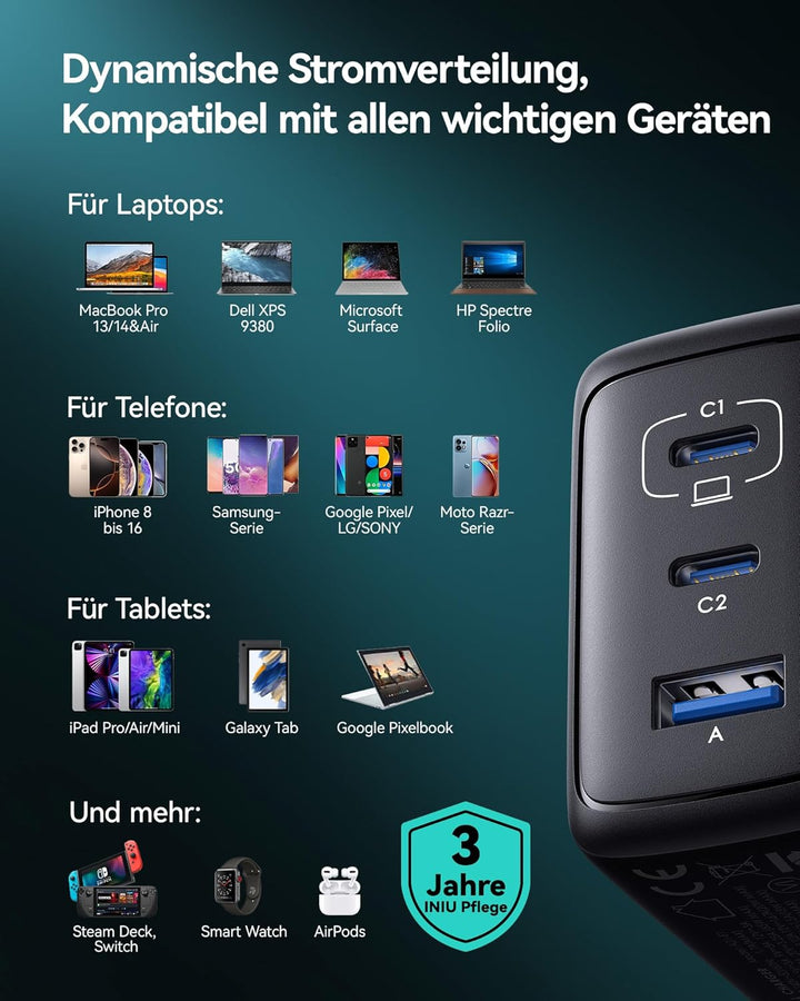 INIU 65W USB C Ladegerät, [USB-C * 2 + USB-A] Netzteil Mehrfach mit USB-C Kabel, PD 3.0 Schnellladeg