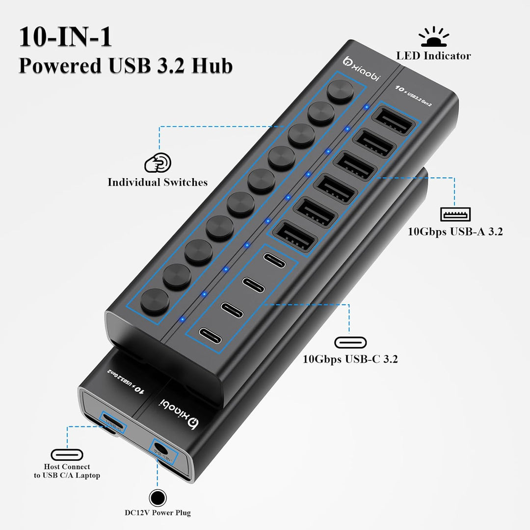 10 Port USB Hub mit Netzteil 60W - 10Gbps USB 3.2 Gen 2 Hub Aktiv aus Aluminium mit 6 USB-A & 4 USB-