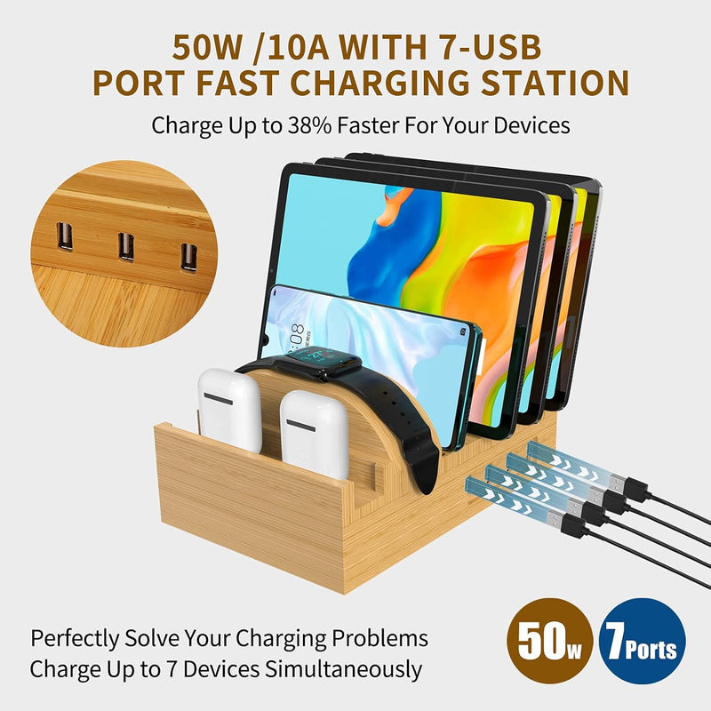 Ladestation für mehrere Geräte, Alltripal Bambus 7-Port Handy Ladestation 50W USB Ladegerät Schnelle