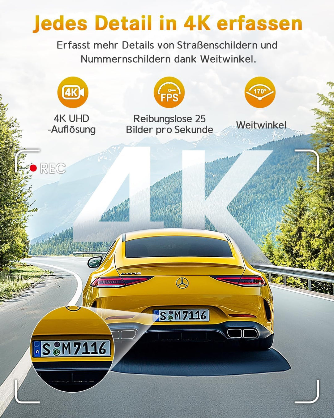 GKU 4K Dashcam Auto,Dashcam Auto vorne,Mini Auto Kamera mit integriertem WLAN,170° Weitwinkel,Nachts
